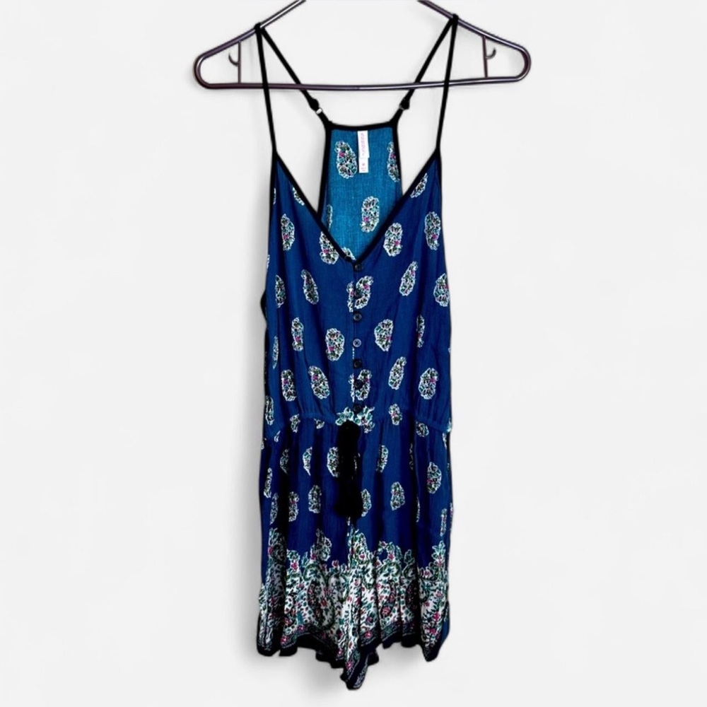 Xhilaration Teal Blue Floral Paisley Romper with Tassel Tie | Size Medium NWT